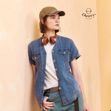 OUWEY歐薇 特殊水洗棉麻牛仔V領外套(藍；S-XL)
