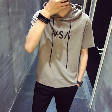 FINDSENSE H1 2018  夏季 新款 個性 簡約 棉麻 休閒 連帽 T恤 半袖 潮流 時尚 男 上衣