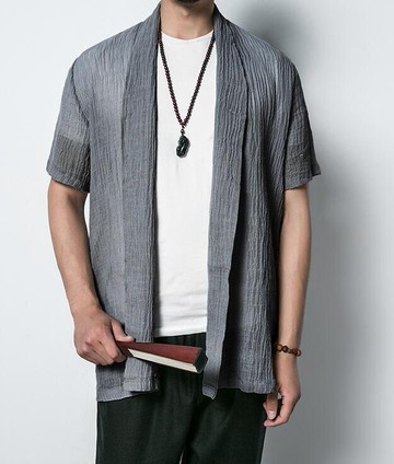 FINDSENSE MD 日系 潮 男 時尚 亞麻 純色素面 皺紋 透氣 垂感 開衫 T恤 襯衫上衣 素面襯衫
