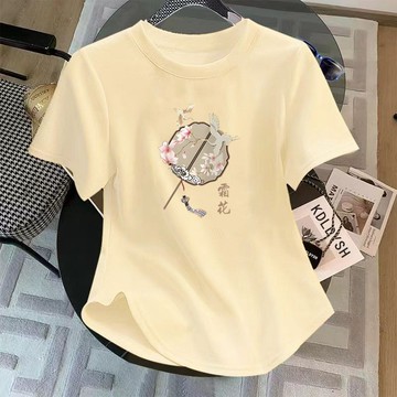 夏季莫代爾短袖T恤上衣女 莫代爾螺紋新中式2024夏季大碼新款時尚顯瘦T恤短袖體恤上衣外穿時尚透氣