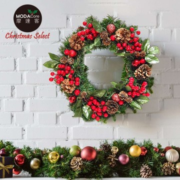 摩達客耶誕-台灣製歐風典雅14吋大地盛宴紅球果松果聖誕花圈_福臨圈(免組裝/台灣設計手工藝製)本島免運費