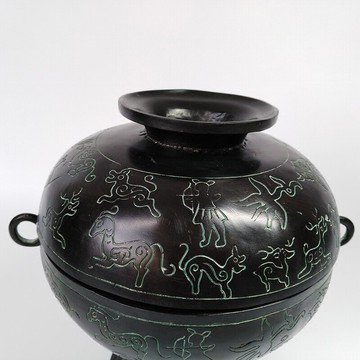 廠家直銷漢代青銅器狩獵紋豆客廳玄關擺件婚慶道具裝飾品古董擺設