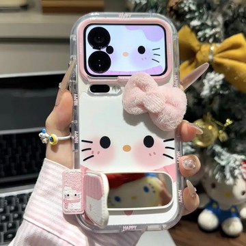 圍巾KT蝴蝶結適用蘋果17PROMAX圓邊羽紗手機殼iPhone16plus鏡子支架15pro保護套14/13/12