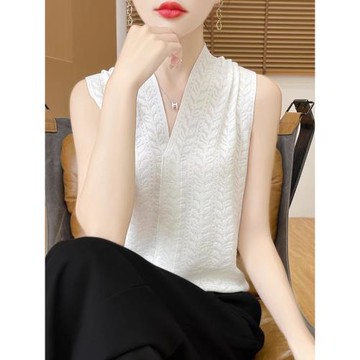 洋氣純色設計感上衣百搭羊毛針織衫套頭減齡休閑舒適打底衫無袖女