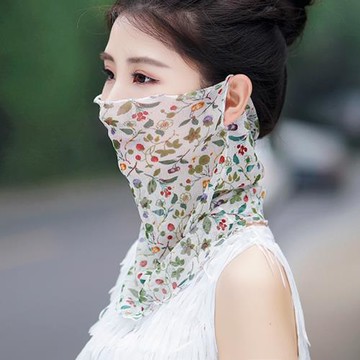 夏季防曬真絲圍脖女薄款桑蠶絲遮臉脖套護頸口罩掛耳面紗百變絲巾