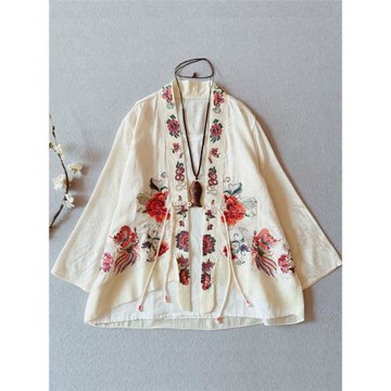 春夏亞麻飄帶盤扣重工刺繡開衫女中國風復古文藝九分袖防曬薄外套