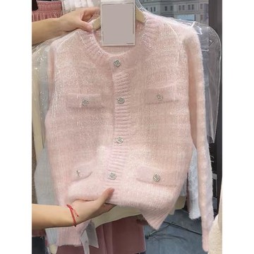 小香風漂亮粉色開衫毛衣洋氣外套針織高級獨特別致氣質女秋冬季