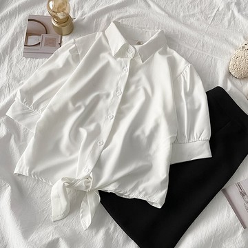 港風白色綁帶防曬短袖襯衫薄款夏女士設計感小眾雪紡短款別致上衣