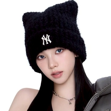 【韓國MLB】NY保暖針織貓耳毛帽-黑色/藍色/米白/粉/淺藍 KARINA同款 紐約洋基隊秋冬禦寒保暖帽子 毛線帽 秋冬帽 New Era情侶帽 女友送禮 男生同學禮物 朋友生日送禮 聖誕節交換禮物