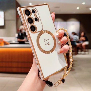 適用三星s24lutra手機殼磁吸s22+plus帶手繩S25utra電鍍s23FE愛心手腕帶uitra全包防摔ultar硅膠s20u軟殼5g女