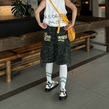 美式復古迷彩抽繩五分褲 夏季男女寬鬆直筒闊腿工裝短褲女