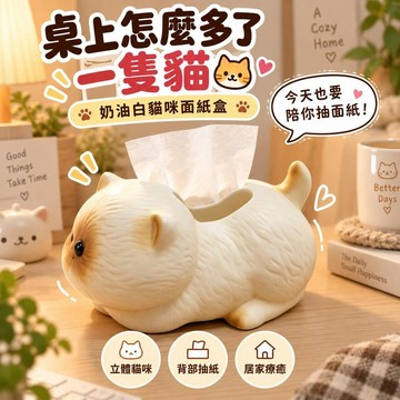 台灣出貨 可愛貓咪造型面紙盒 奶油白立體趴趴貓衛生紙盒 抽取式紙巾收納 客廳臥室桌面擺飾 日系療癒居家小物 貓奴交換禮物