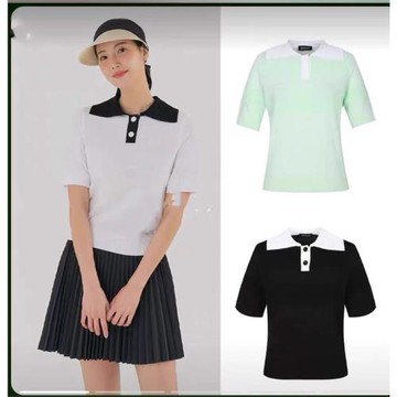 B045出口韓國高爾夫球女士針織短袖新品夏季配色翻領透氣運動上衣