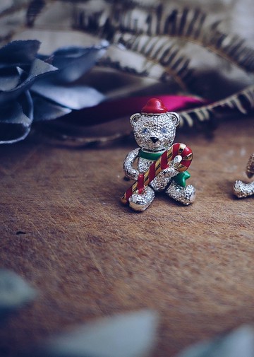 Napier 關節可動聖誕熊胸針 拐杖糖小熊-美國古董首飾 Vintage