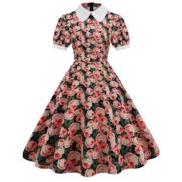 歐美復古夏季赫本花朵印花娃娃領修身高腰顯瘦泡泡袖連衣裙DRESS