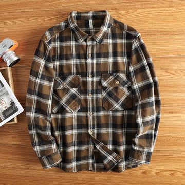 外貿格子襯衫外套加厚美式復古純棉休閑潮流寬松工裝襯衣男長袖