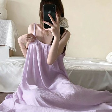 【臺灣出貨】帶胸墊睡裙女 夏季薄款法式高級感睡衣 純色中長款過膝超仙吊帶裙