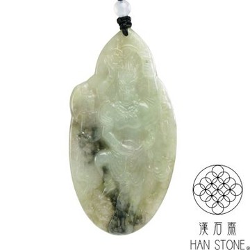 【漢石齋】天然翡翠A貨 三太子哪吒玉佩吊墜 細糯種黃翡帶山水墨翠(39*76*6mm)