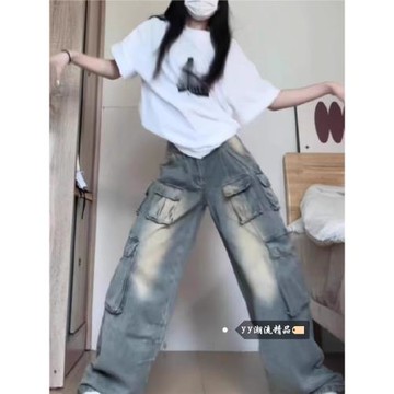 (免運)美式復古多口袋工裝牛仔褲女秋季2025年新款闊腿褲寬松拖地長褲子