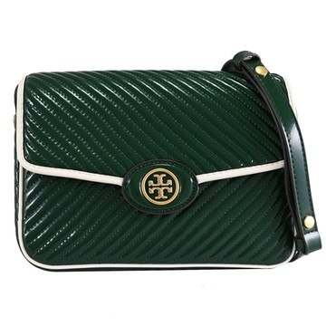 TORY BURCH Kira 斜紋車線裝飾漆皮翻蓋肩/斜背鍊包(松綠色)