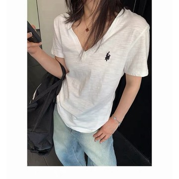 【RICECAKE & OISIS】美式簡約 V領刺繡 短袖t恤 高級感 百搭 短款 上衣 女