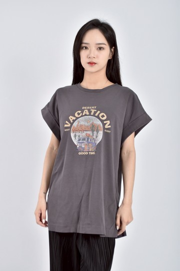 (L) 質感棉質印花深灰色短袖上衣