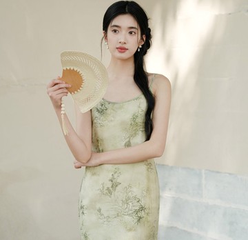 【淺水綠亞麻】新中式復古中國風 印花修身吊帶裙