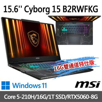 MSI微星 Cyborg 15 B2RWFKG-276TW 15.6吋 電競筆電 (Core 5-210H/16G/1T SSD/RTX5060-8G/Win11-16G雙通道特仕版)