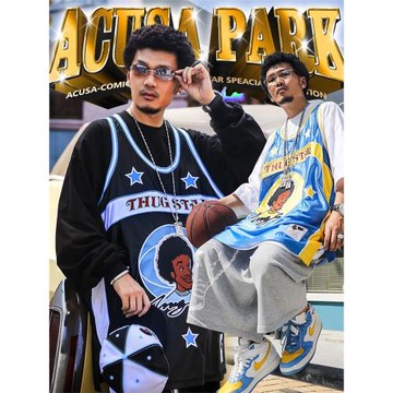 ACUSA 絲光棉復古窄肩帶HIPHOP籃球衣黑人頭刺繡夏季輕薄寬松肥大