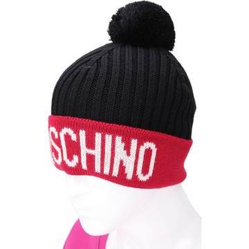 MOSCHINO 字母毛球羅紋拚色羊毛帽 針織帽(黑x紅)