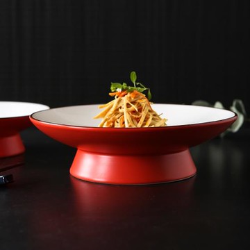 酒店中式啞光紅色高腳明檔大盤陶瓷果盤冷菜盤會所酒樓餐廳餐具