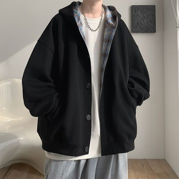 限時優惠 休閒連帽衛衣 拼接格子連帽衛衣男士春秋季韓版潮流洋氣高級感開衫外套寬鬆衣服