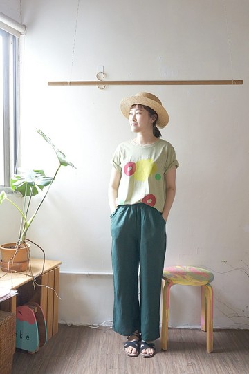 心花系列-舒服森林綠色亞麻口袋直筒口袋寬褲