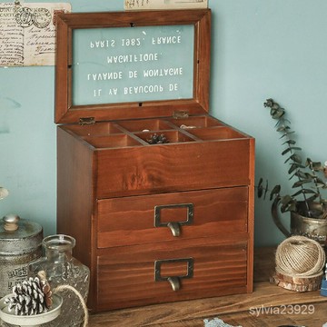 家具木盒子復古玻璃帶翻蓋首飾飾品收納盒實木多層抽屜式桌面收納盒置物架