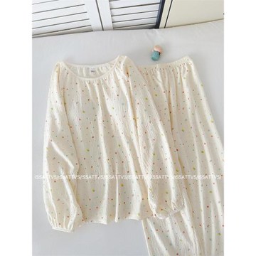 帶胸墊一體防凸點睡衣女款春秋夏季棉綢長袖長褲女士甜美家居服