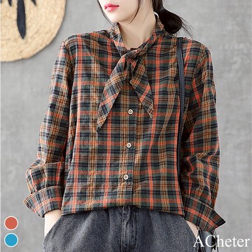 【ACheter】春彩學院風系帶棉麻細格紋襯衫# 106052現貨+預購(2色/M-XL)(現貨+預購)
