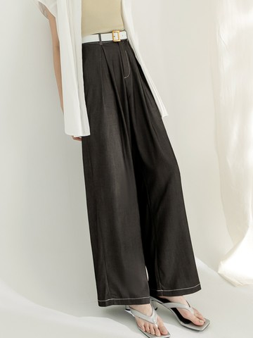 簡約純色仿牛仔打褶寬褲