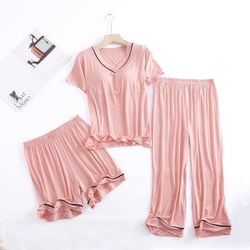 莫代爾帶胸墊睡衣女2025年新款夏季薄款寬松短袖七分褲寬松家居服