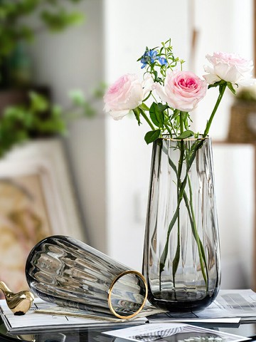 【可開發票】 宅配到府 花瓶 玻璃花瓶ins北歐輕奢描金豎棱透明玻璃花瓶水養鮮花百合網紅客廳插花擺件~優樂悅