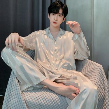 睡衣男士春秋季冰絲長袖薄款夏天仿真絲綢四季款可外穿家居服套裝