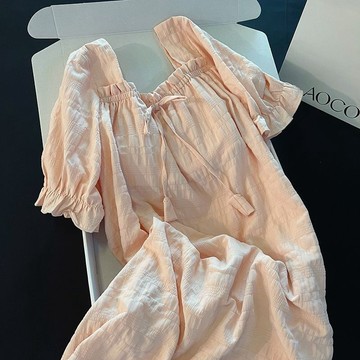 💗台灣出貨💗韓版甜美自帶胸墊 免穿內衣 睡裙女夏 純棉公主風短袖睡衣 蝴蝶結家居服 可外穿 可愛睡裙 長款睡衣 女生睡衣