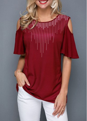 Cold Shoulder Half Sleeve Round Neck T Shirt