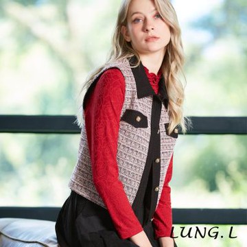 LUNG.L林佳樺 粉色格紋搭配黑色滾邊小香風女裝背心 LT22D