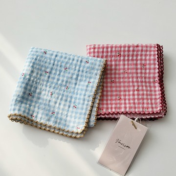 Babisoo 櫻桃格紋蕾絲手帕領巾兩件組  Free(54 x 54cm)  藍紅