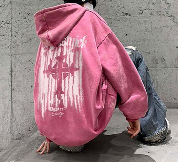 FINDSENSE X 2022 街頭時尚 男士 寬鬆大尺碼 復古洗水 十字字母圖案 連帽外套 上衣