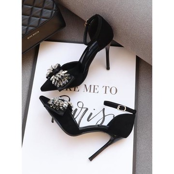 法式水鉆黑色高跟鞋女細跟2025年春季新款淺口搭扣中空氣質單鞋女