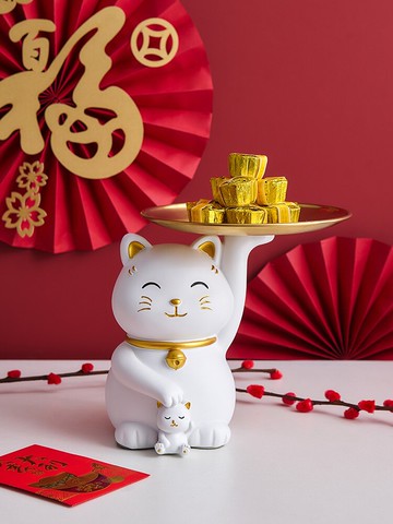 招財貓玄關進門入戶鑰匙收納擺件客廳桌面托盤裝飾品喬遷新居禮品