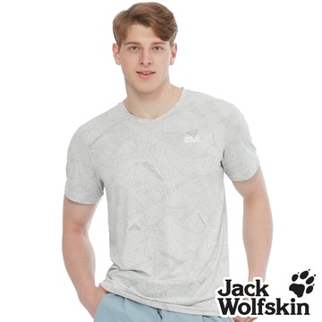 【Jack wolfskin 飛狼】男 涼感抗菌V領短袖排汗衣 探險等高線印花『淺灰』