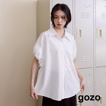 【gozo】➤袖口抽繩純棉短袖襯衫(黑色/白色_F) | 女裝 襯衫領 百搭