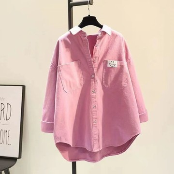 M-3XL 大尺碼粉色襯衫女寬松舒適早春新款簡約韓版休閑襯衣外套女